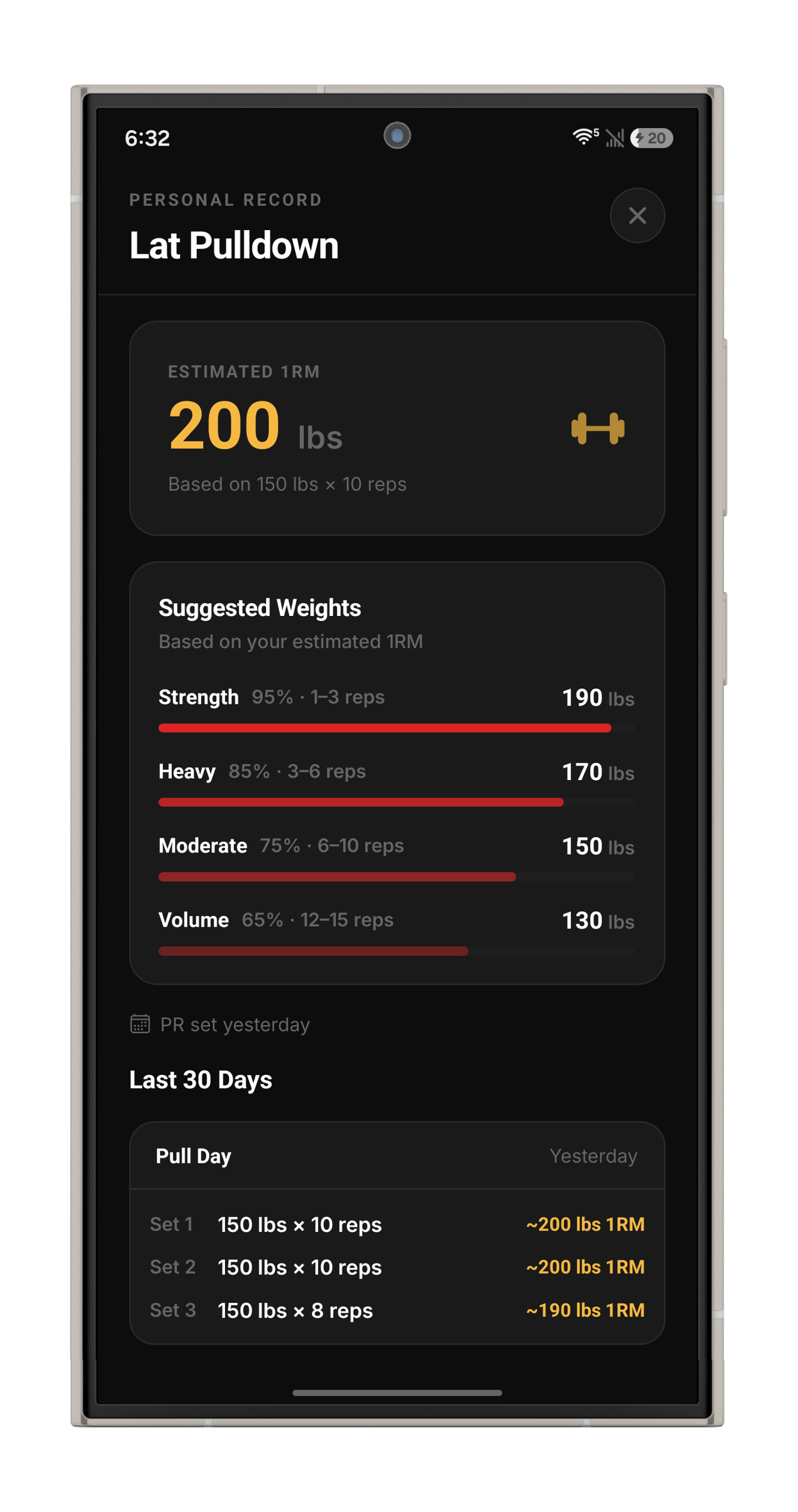 Sety 1RM progress screen